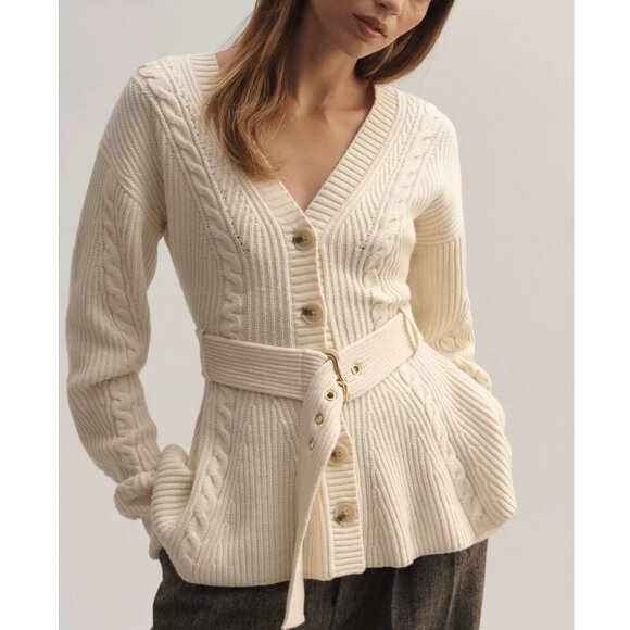 Anthropologie Maeve Belted Cable Cardigan Sweater Ivory S - Picture 1 of 12